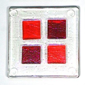 BELOW COST:  Set of Four Fused Glass Coasters, Red Squares, New